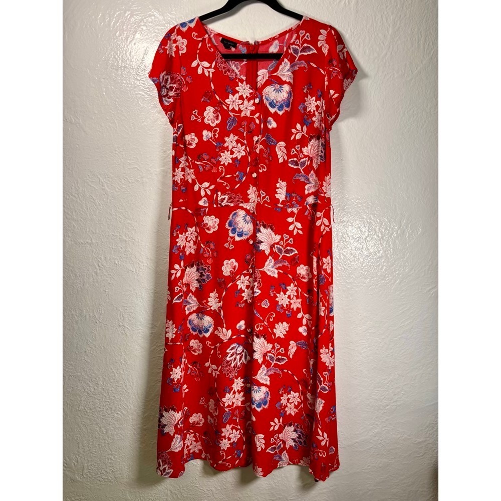 Talbots Red Floral Short Sleeve Midi Dress Sz 10 Hearts Cottagecore Boho Office